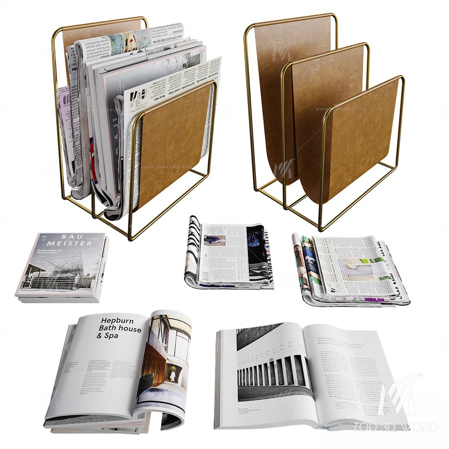Newspaper box and set of magazines and newspapers